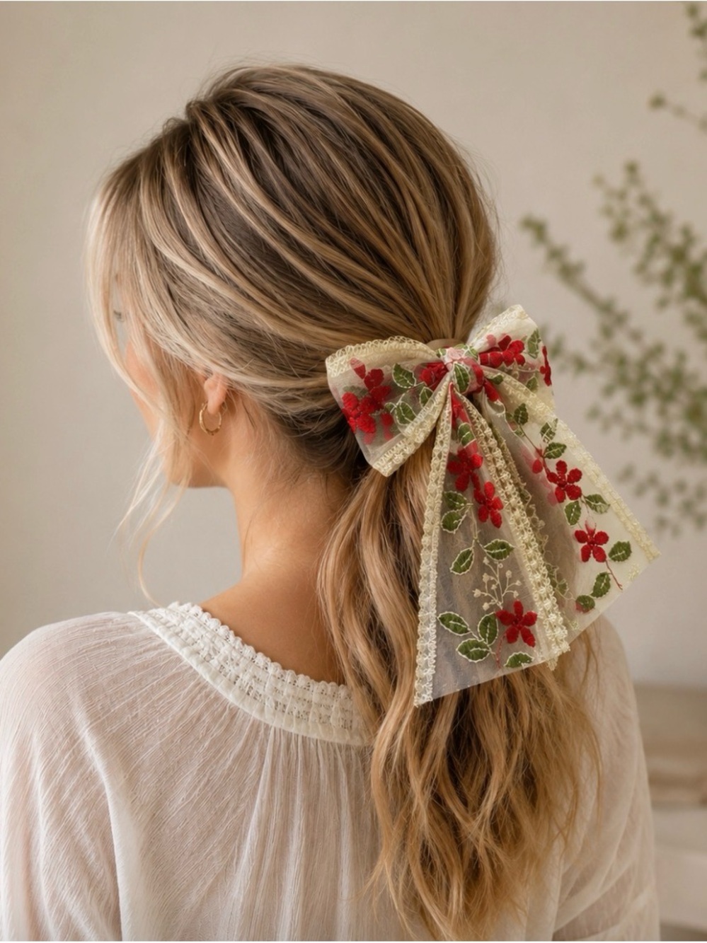 Embroidered Floral Lace Hair Bow in Red and Cream